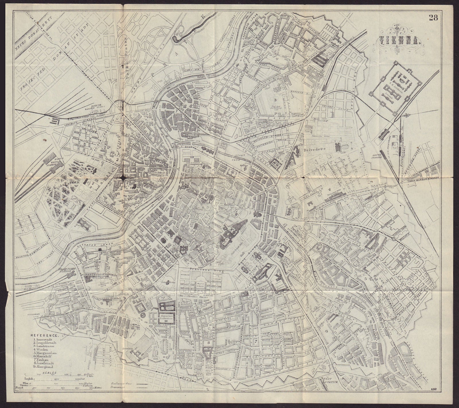 VIENNA WIEN antique town plan city map. Austria. BRADSHAW 1892 old